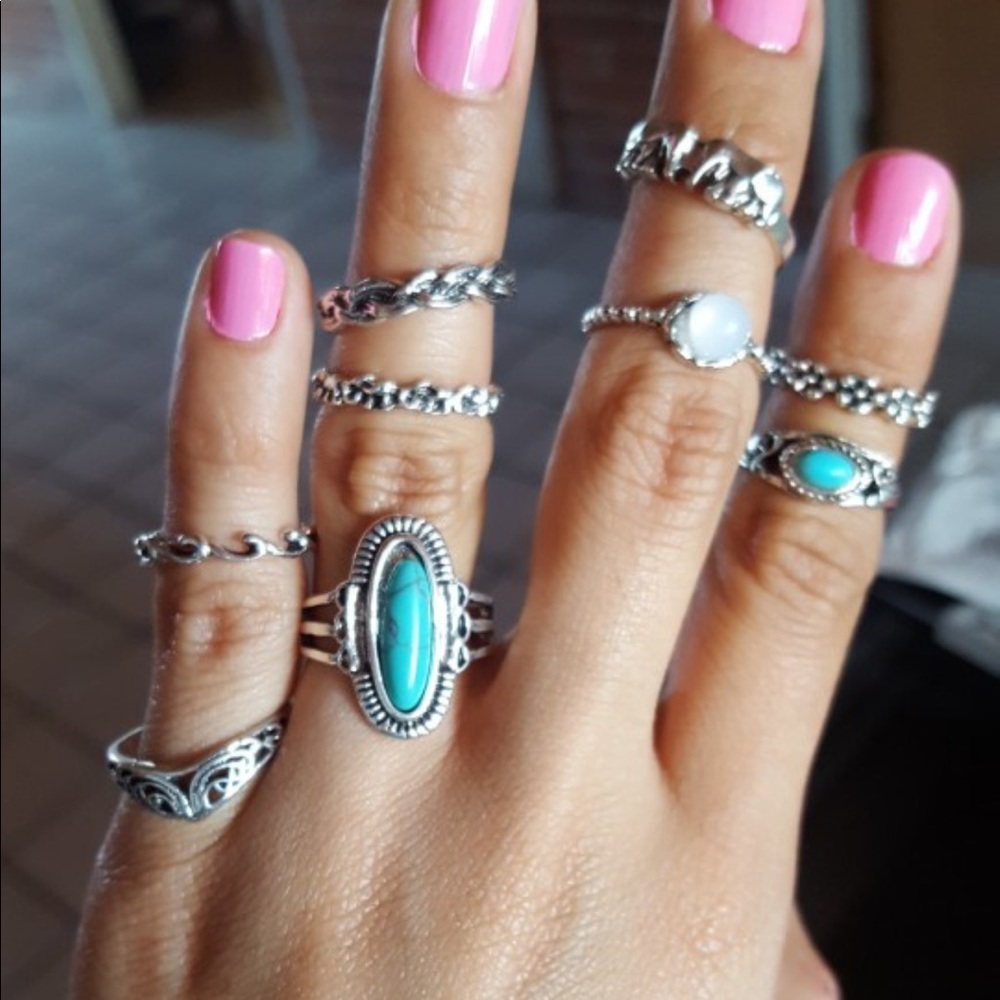 Set of nine boho style rings various sizes
